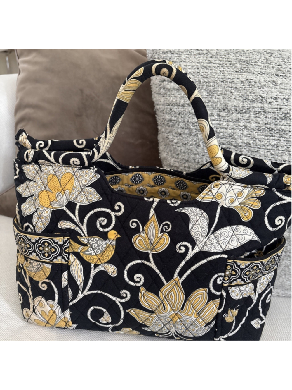 Vera Bradley Yellow Bird Sherry Mini Tote Quilted Handbag Black Yellow Retired